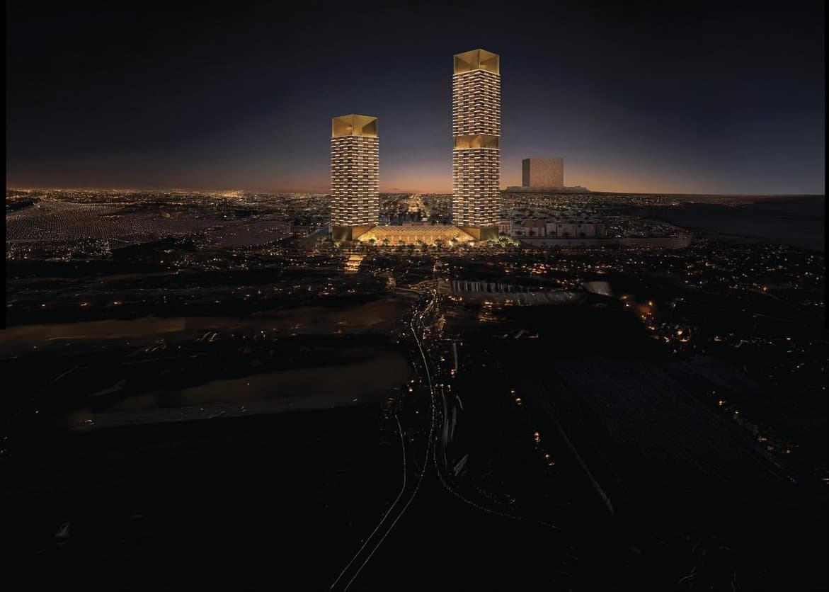 Retal Heights twin towers at night